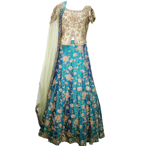 Turquoise and Lime Green Lengha 