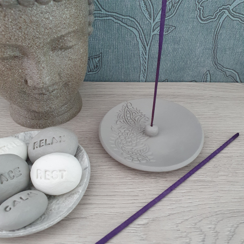 Grey clay incense burner with henna style design