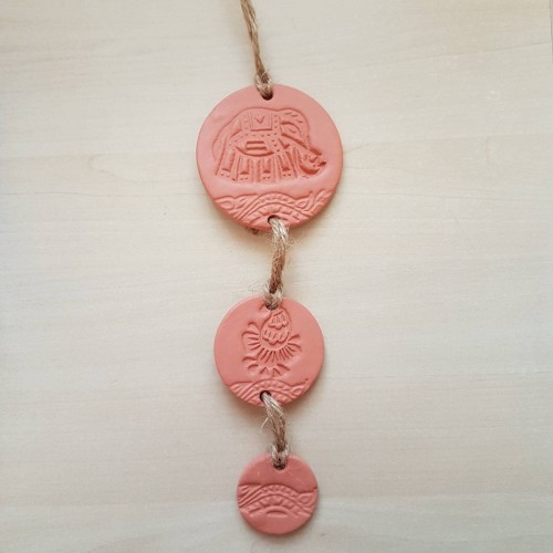 Terracotta clay hanging trio with elephant henna style design