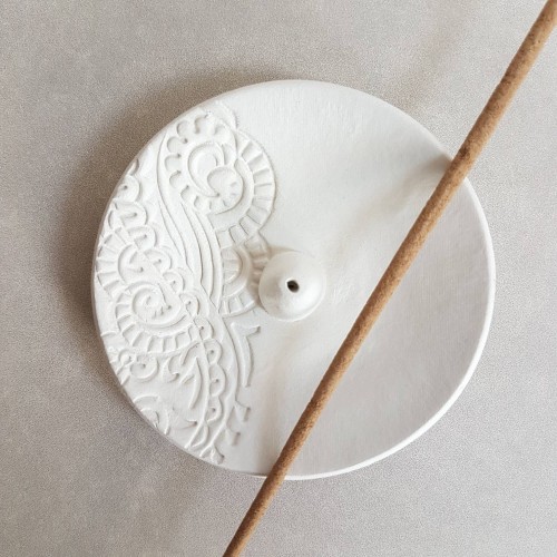 White clay incense burner with henna style design