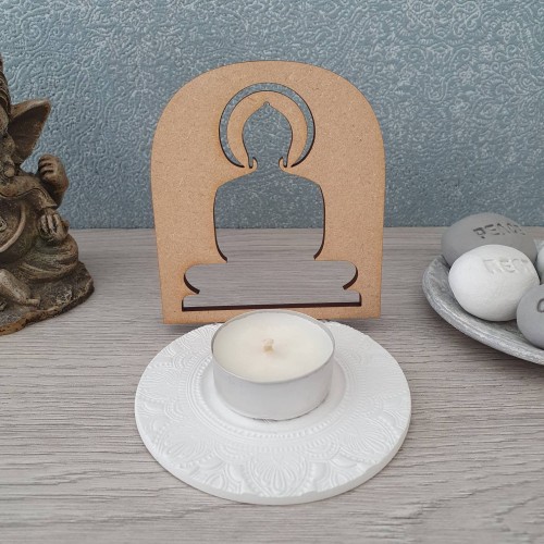 Lord Mahavir wood and clay tealight holder