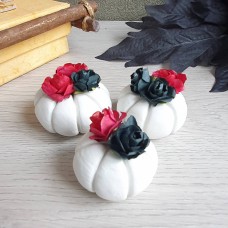 Set of 3 mini white clay pumpkins with red and black roses