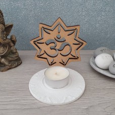 Mandala Om shadow wood and clay tealight holder