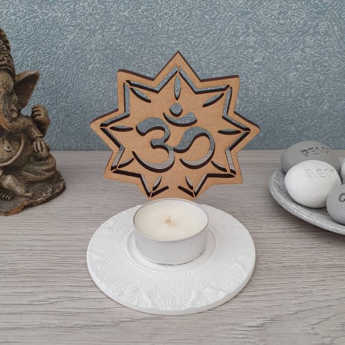 Mandala Om shadow wood and clay tealight holder