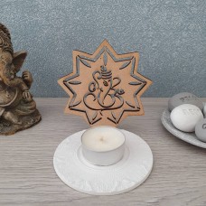 Intricate Ganesh design wood and clay tealight holder