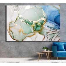 Marble Abstract Ink Green Gold Blue 1607 Printed Canvas