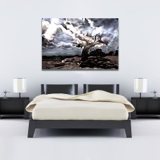Abstract painting, Old tree stands on a rocky ground. Sunbeams comes through the clouds 1634 Printed Canvas