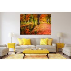 Autumn Scene Path filled with Leaves next to Stream Printed Canvas