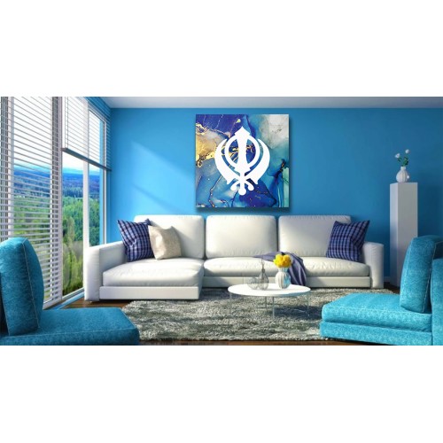 Blue Gold Marble Khanda Sikh Printed Canvas