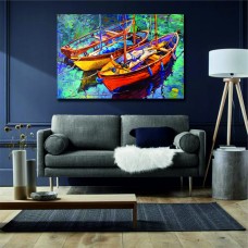 Oil painting of boats and sea on canvas, Sunset over Ocean Printed Canvas