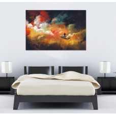 Man on a boat in the outer space with colorful cloud, Illustration Printed Canvas