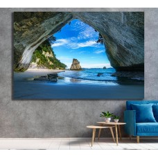 Beach Cove, view from the cave at cathedral cove beach, Coromandel, New Zealand Printed Canvas