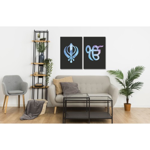 Black Blue & Pink Watercolour Sikh Khanda Ek Onkar Printed Canvas Set