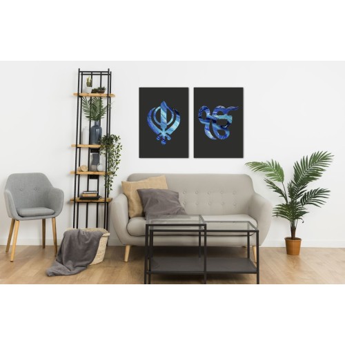 Black Abstract Blue Marble Watercolour Sikh Khanda Ek Onkar Printed Canvas Set
