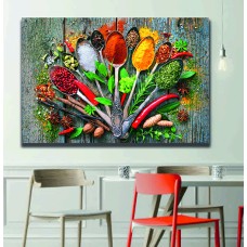 Various herbs and spices with spoons on old wooden table Printed Canvas