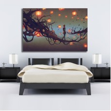 Person walking on a tree branch with many red lanterns in background, digital art style Printed Canvas