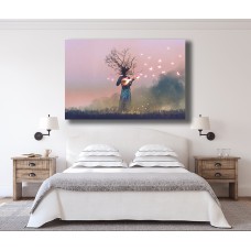 Dreamy image of Individual with branch head playing magic banjo string instrument with glowing butterflies Printed Canvas