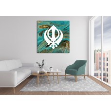 Green Gold Watercolour Khanda Sikh Printed Canvas