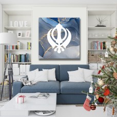 Grey Blue Marble Khanda Sikh Printed Canvas
