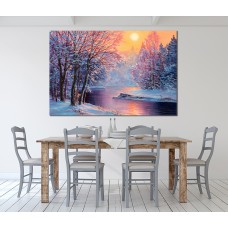 Snowy Trees Along River Painting Printed Canvas