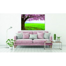 Flowering tree of Japanese cherry sakura on green meadow Printed Canvas