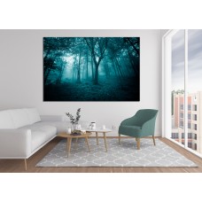 Mystic turquoise colored foggy fairytale forest trees landscape Printed Canvas