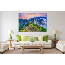 Overview of the lost inca city Machu Picchu with clouds, Cusco, Peru Printed Canvas