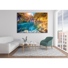 Majestic view on turquoise water and sunny beams in the Plitvice Lakes National Park. Croatia Printed Canvas