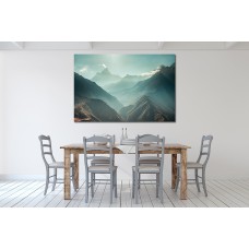 The breathtaking panoramic view the mighty misty snow-capped Himalayas and the canyons with the coniferous forests, NepalPrinted Canvas