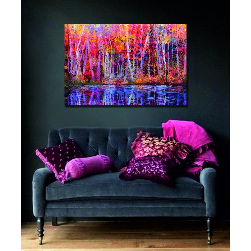 Oil painting colorful autumn trees. Semi abstract image of forest, aspen trees with yellow  Canvas