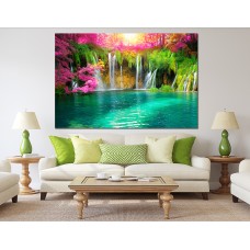Exotic waterfall and lake panorama landscape of Plitvice, Croatia Printed Canvas