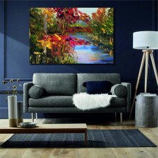River Leaves Painting Printed Canvas