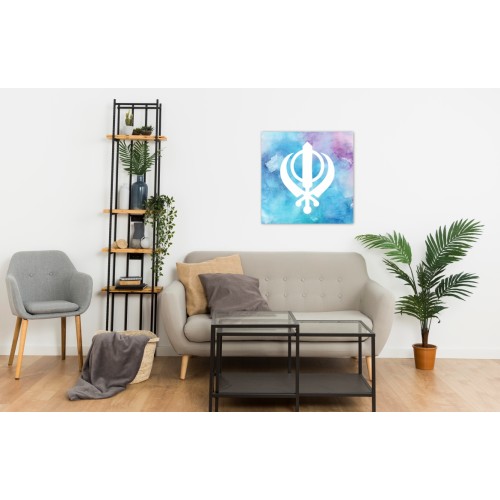 Blue & Pink Watercolour Khanda Sikh Square Printed Canvas