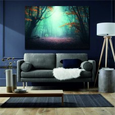 Colorful landscape with enchanted trees with orange and red leaves, dreamy foggy mystical forest in autumn Printed Canvas