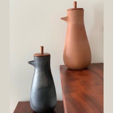 Hand thrown natural colour terracotta 'Tweet' jug, with acacia wooden top. 