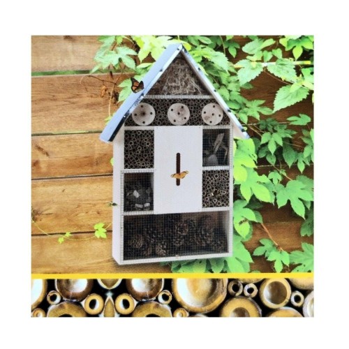 XLarge Wooden Insect Bee House Natural Wood Bug Hotel Metal Roof Garden 57cm