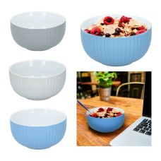Cereal Bowls 3-Piece Round Breakfast Cereal Oatmeal Bowls White Grey Blue Ribbed