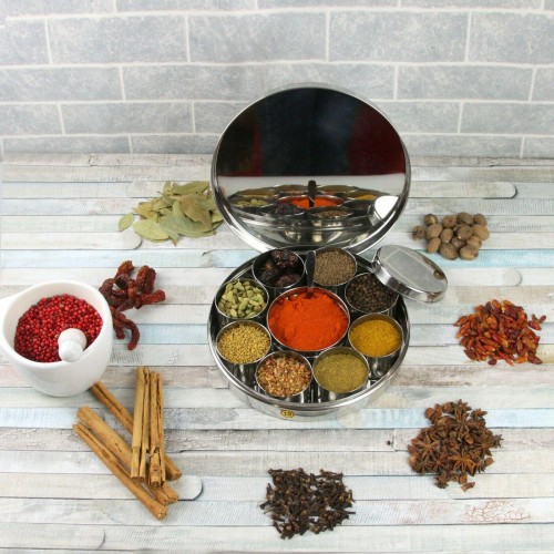Indian Spice Tin Stainless Steel Masala Dabba Spices Storage Box SLIM With Spoon