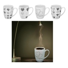 Set Of 4 Coffee Mugs Tea Cups Porcelain Latte Hot Drink Pattern Grey Heart 366ml