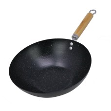 Carbon Steel Wok Deep Chinese Asian Cooking Non Stick Wooden Handle Stir Fry Pan