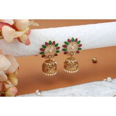 Gold Jhumka Earrings Indian Traditional Wedding Jewelry Handmade Bollywood Jhumki Tassel Earring Jewellery Pink Green Gemstone Faux Pearl