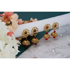 Gold Indian Jhumka Earrings Gemstone Jewelry Wedding Bollywood Traditional Botanical Handmade Earring Asian Jewellery Flower Bead Maroon Red