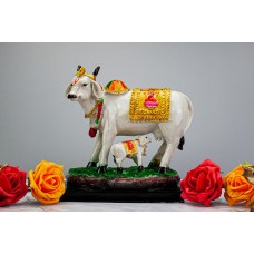 Kamadhenu Cow with Calf Statue Murti Gau Mata Idol Handmade Hindu Figurine Indian  Religious Home D‚cor  Temple Mandir Decorative Colourful