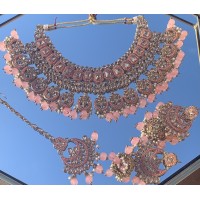 Pink Necklace set with Earrings and Tikka 