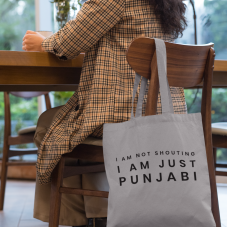 I Am Not Shouting Punjabi 5oz Cotton Tote Bag in Dove Grey