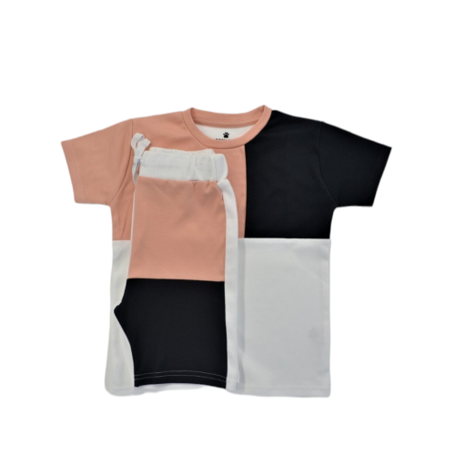 Childrens White/Black/Pink Panel Shorts and Tee Set
