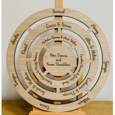 Mother's day gift.Personalised modern wooden family tree circle, laser cut and engraved on Oak wood, Father?s Day gift, house warming gift.