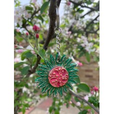 Handmade green and pink daisy mandala keyring.