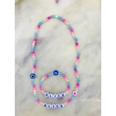 RAINBOW Childs Name Girls Beaded Bracelet Necklace Set | Personalised Elasticated Bracelet Necklace | Evil Eye Necklace Bracelet Set | UK