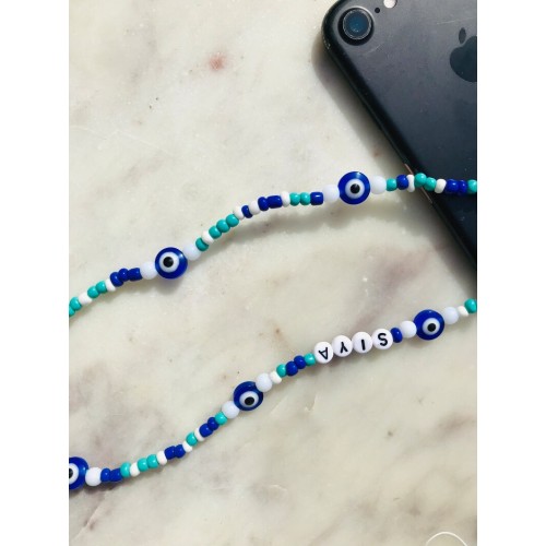 Evil eye Personalised handmade blue white multicoloured beaded phone charm phone strap tech